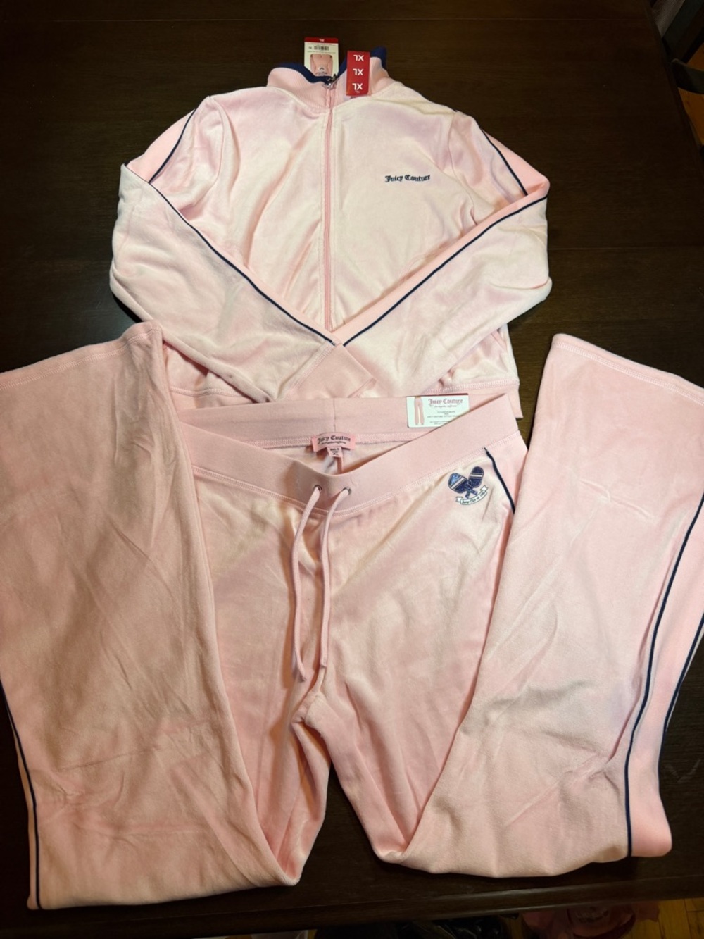 NWT Juicy Couture Pink Velour Track Set with White Piping XL